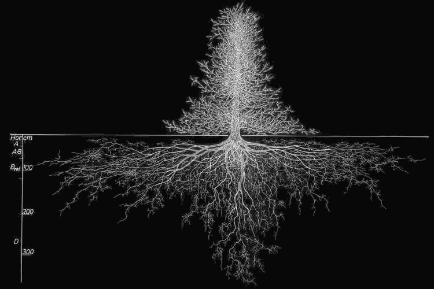 Ilustración árbol adulto y sus raices.